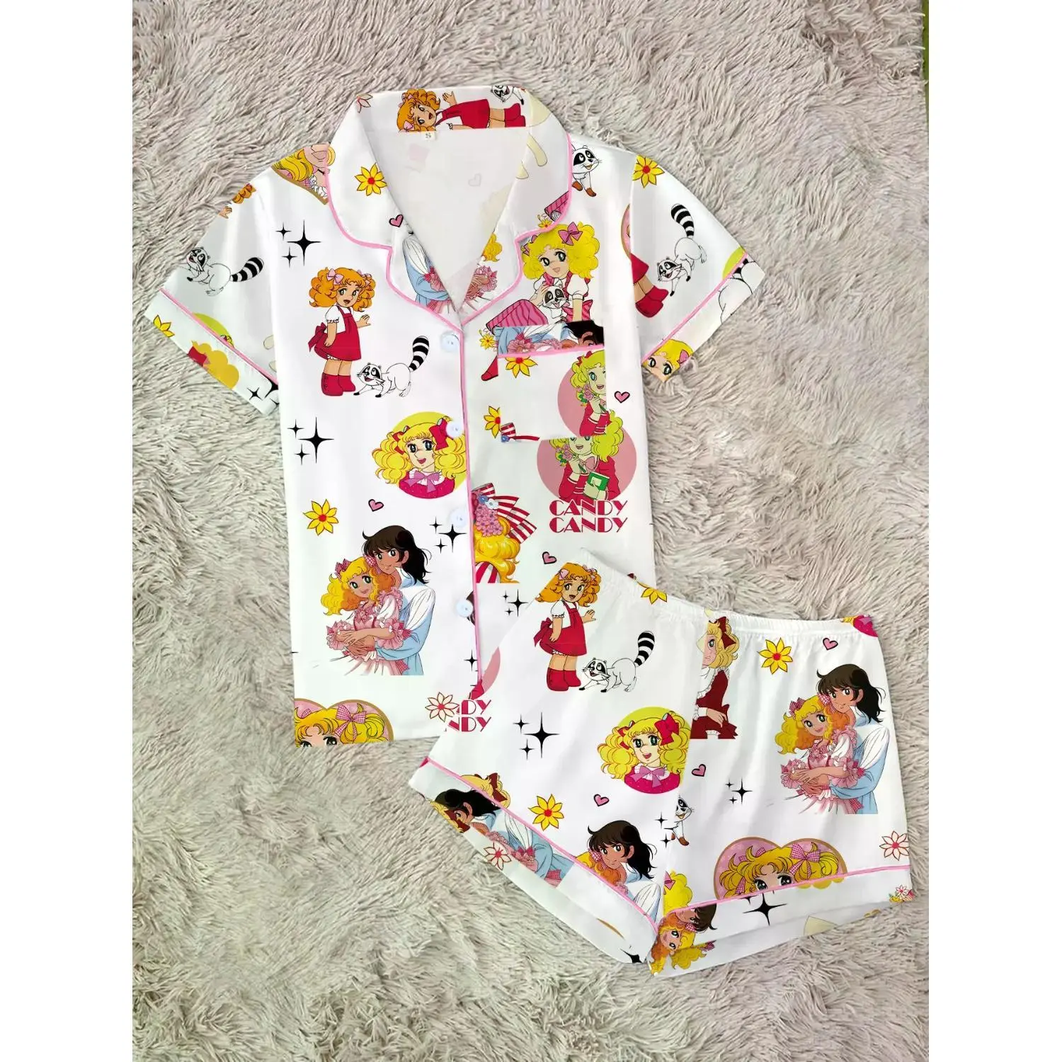 Women's Vintage-Inspired Candy Sleepwear Set, Cute 2-Piece Pajama, Short Sleeve Cartoon Design, Comfortable Fitted Loungewear for All Seasons, Perfect Gift