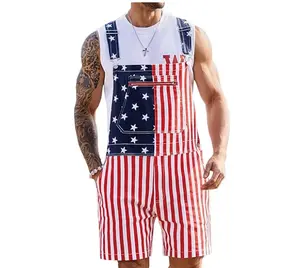 Yuanbang 250th Anniversary Outfits 4th of July American Flag Overalls Shorts for Men USA Stretchy Denim Romper Memorial Day Coveralls Patriotic Gifts for Couples Father's Day Workwear Summer Jumpsuits Fashion Menswear Daily Outdoor Clothes