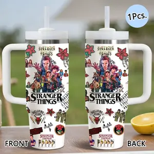 PIKPAKA Classic Tv Stranger Things Vacuum 40oz Stainless Steel Thermal Tumbler with Handle & Straw, Hydration Tumbler, Insulated Drinkware, Vacuum Insulated Cup Keeps Drinks Cold Up to 12 Hours, Leak-Resistant for Iced Coffee, Water, Office, Gym or Travel