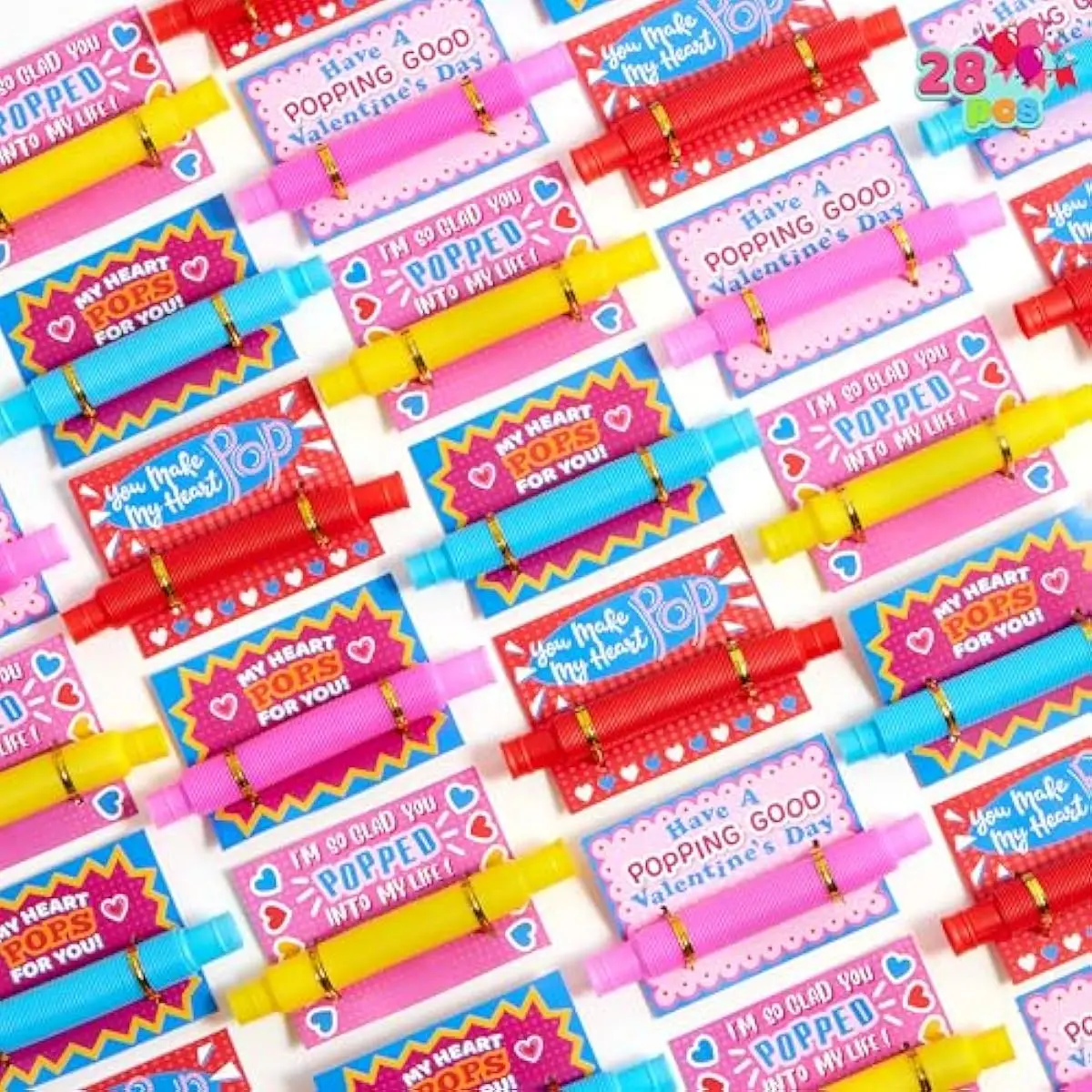 28 Packs Valentines Cards with Pop Tubes for Kids, Pop Tubes with Gift Cards Set, Stretchy Stress Relief Fidget Toys for Kids Classroom Valentine's Day Party Favors Classroom Gifts