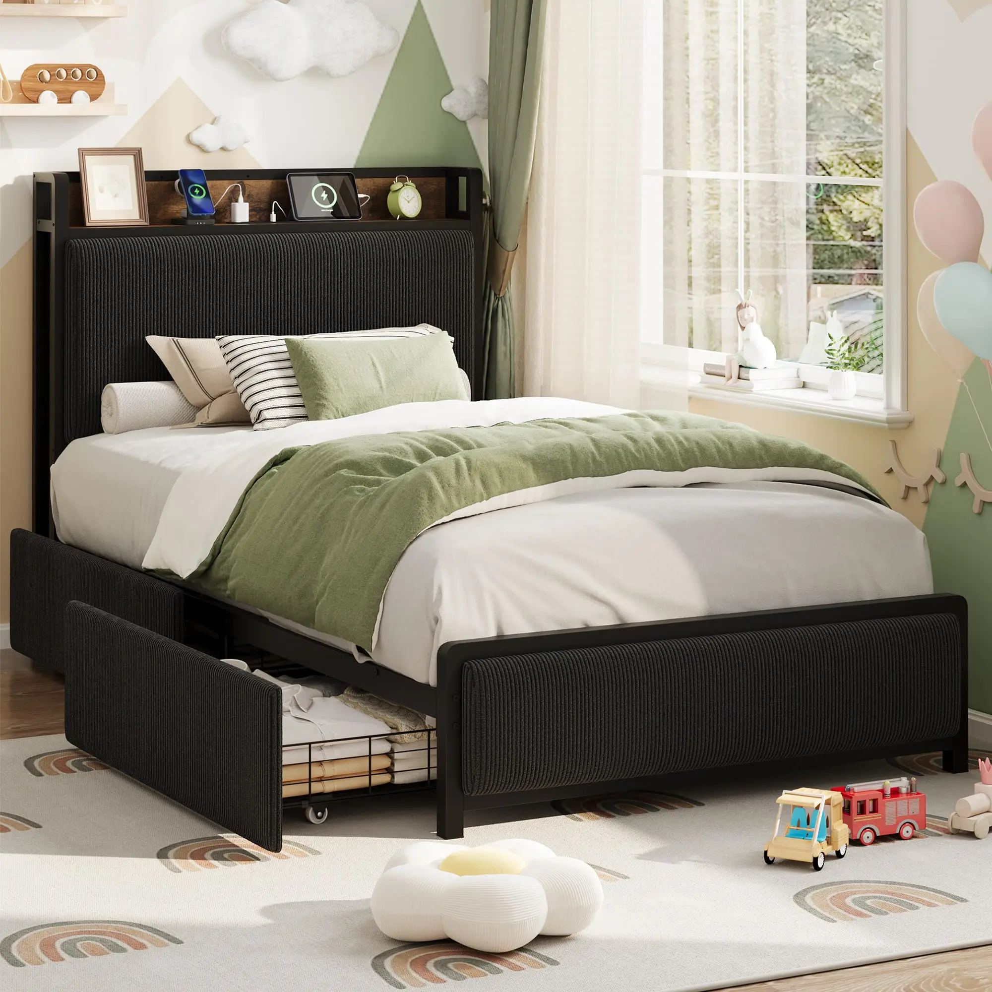 Twin Size Upholstered Bed Frame - Rustic Velvet Built-in Headboard, 2 Storage Drawers, USB Port Charging Station, Durable Metal Structure, Smooth Silent Noise-Free Design, Secure Support, No Box Spring Needed, Easy Assembly, Black, Twin Bed Frame, Assembl
