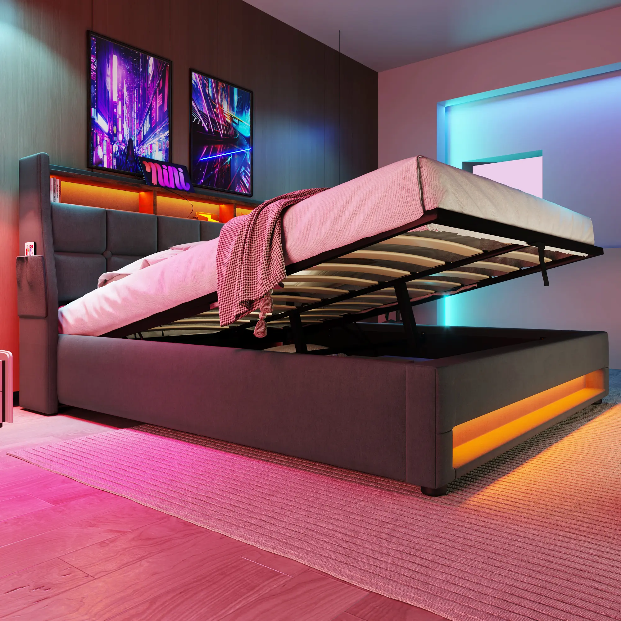 Full/Queen Size Platform Bed Frame with USB Charging Station and LED Lights, Linen Upholstered Full/Queen Platform Bed with Storage Headboard and Lift Up Storage for Bedroom, No Box Spring Needed, Easy Assemble