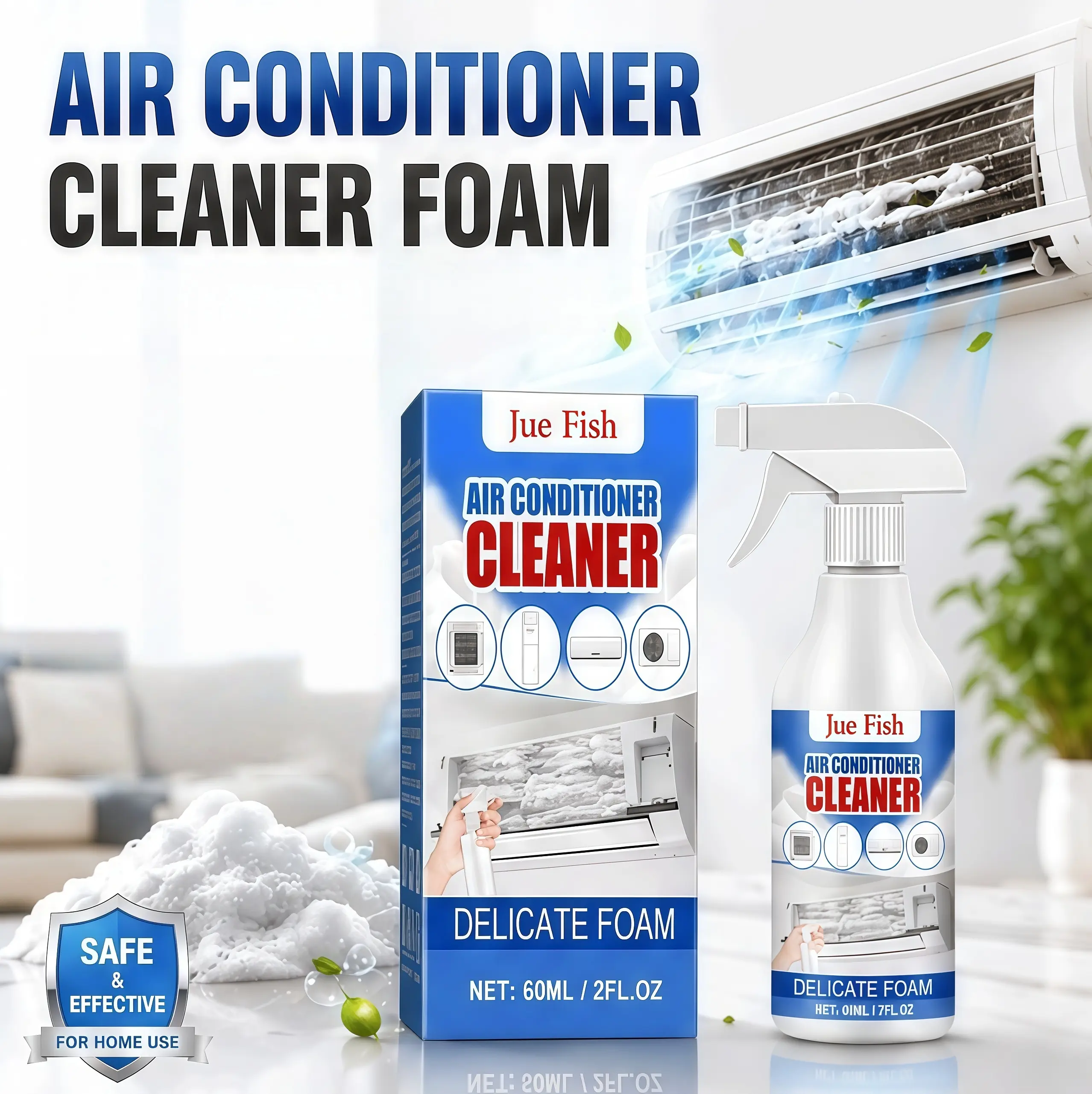 AC Cleaner Foam Spray - No-Rinse Household Items for Home HVAC Air Conditioner Coils, Easy to Clean Unscented Formula, Odour Control, Finish Polish, Mirror Agent