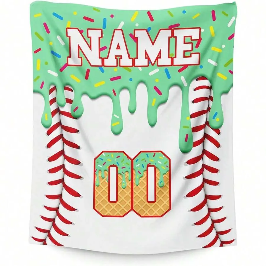 Personalized Blankets for Kids - Custom Graphic Baseball-Themed Flannel Throw, Team-Themed Blanket with Mint Ice Cream Drip Design, Personalized Name & Number, Soft Cozy Fleece, Birthday Gift for Sports Fans, Custom Graphic Blankets
