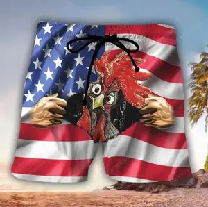 American Flag Rooster Swim Trunks, Swim Trunks For Rooster Lovers, Patriotic Gift, Funny Men's Shorts Hawaiian Aloha Beach
