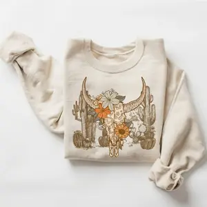 Western Desert Cow Skull Leopard Cactus Sweatshirt, Southwest Boho Longhorn Buffalo Shirt, Western clothing Sweatshirt, Country shirt, westernn tops, western outfits women