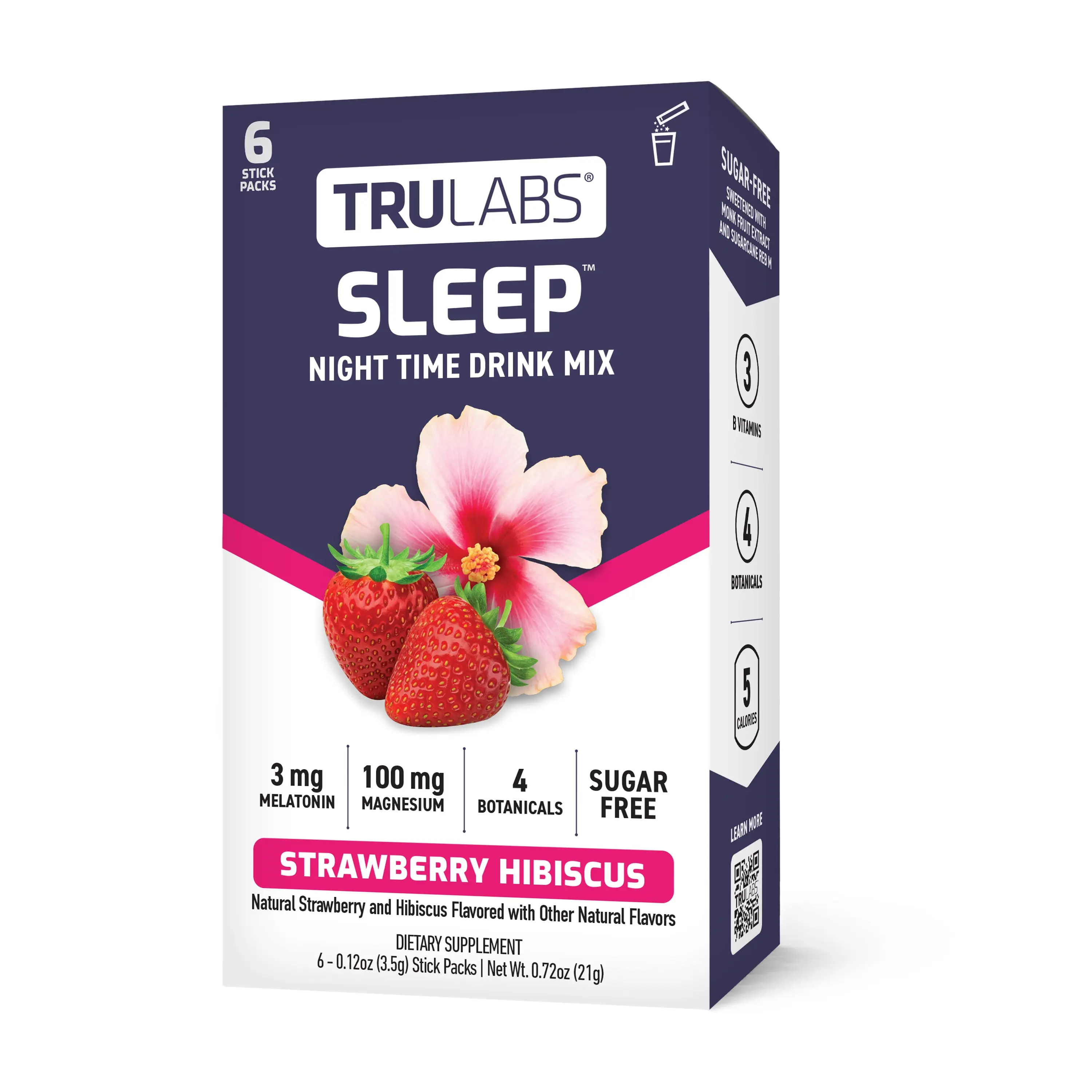 TruLabs Sugar-Free Gluten-Free Botanical Sleep Powder Drink Mix Packets - Calming Herbs Ease Stress Supplement with 3mg Melatonin, Magnesium, GABA, Ashwagandha, Lemon Balm, Valerian Root, Passionflower, Strawberry Hibiscus, Monk Fruit Sweetened