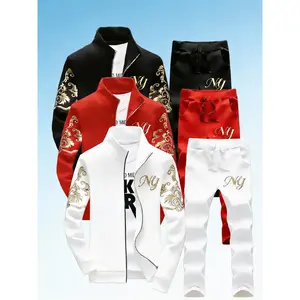 Men's Casual Blazer-Style Tracksuit - Gold Floral Embroidery + Full Zip Closure (3-Piece Set)