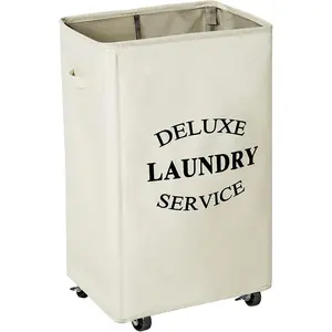 Large Rolling Laundry Basket Wheels 90L Collapsible Tall Laundry Hamper Handle Foldable Dirty Clothing Basket Fold up Rectangular Hampers for Laundry Dorm Room (Beige)