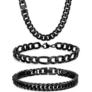 3PCS Cuban Link Figaro Bracelet Necklace, Silver Gold Black Sturdy 316L Stainless Steel Cuban Link Figaro Chain for Men Jewelry Set with Gift Message Card 8mm, 7/8/9 Inches