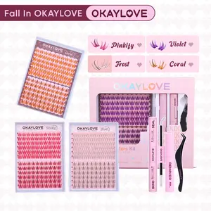 OKAYLOVE Colorful Lash Clusters Kit Frost|Violet|Pinkfy|Coral Lash Extension Kit with Long-lasting Lash Bond and Seal,Tweezers and Remover for DIY Eyelash at Home for  Party for Festival Girl Gifts