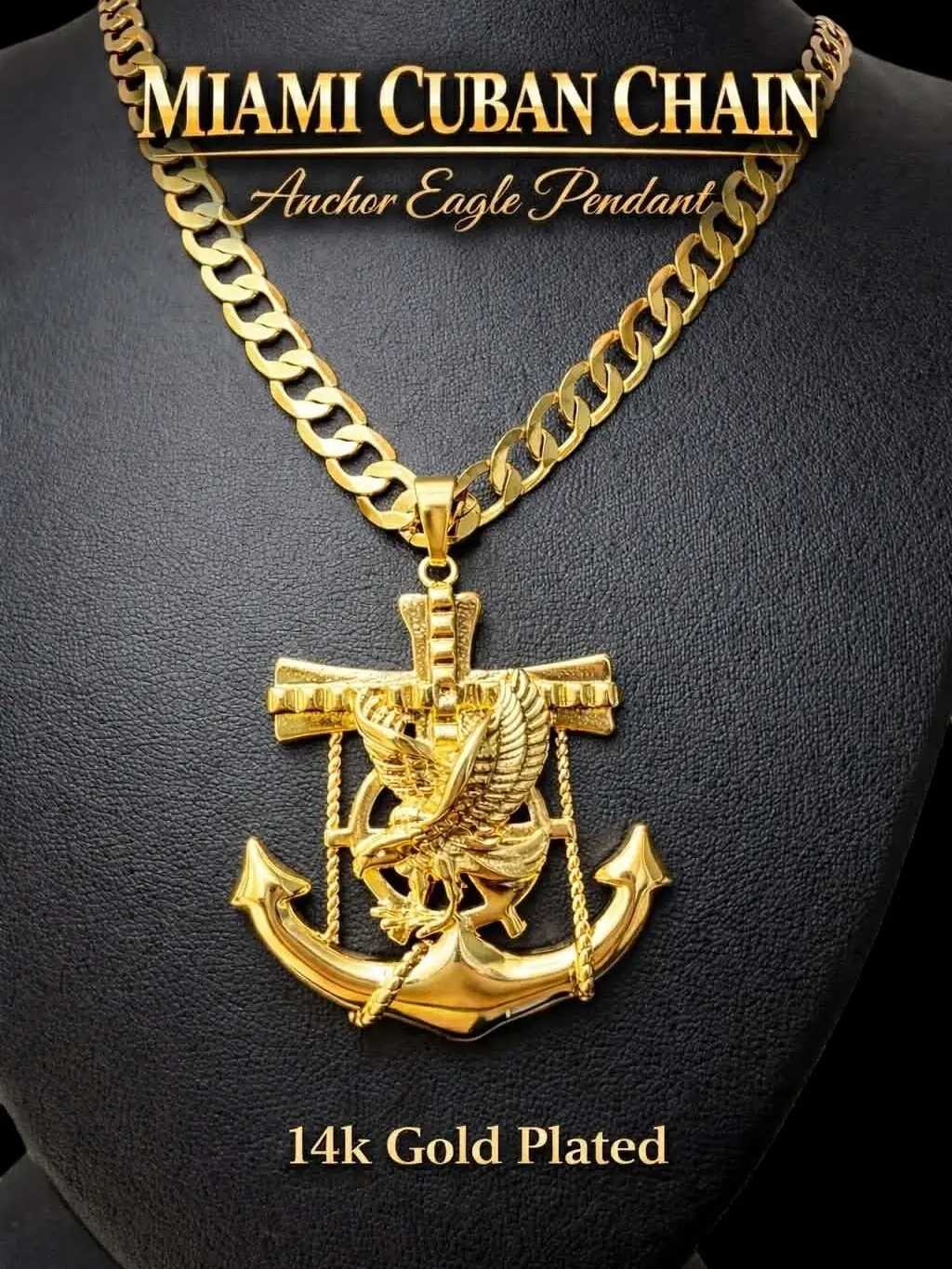 14K Gold Plated Sailor Anchor Eagle 1.77" Pendant Size Miami/Rope Cuban Chain - Unisex Jewelry Nautical Design Necklace For Daughter