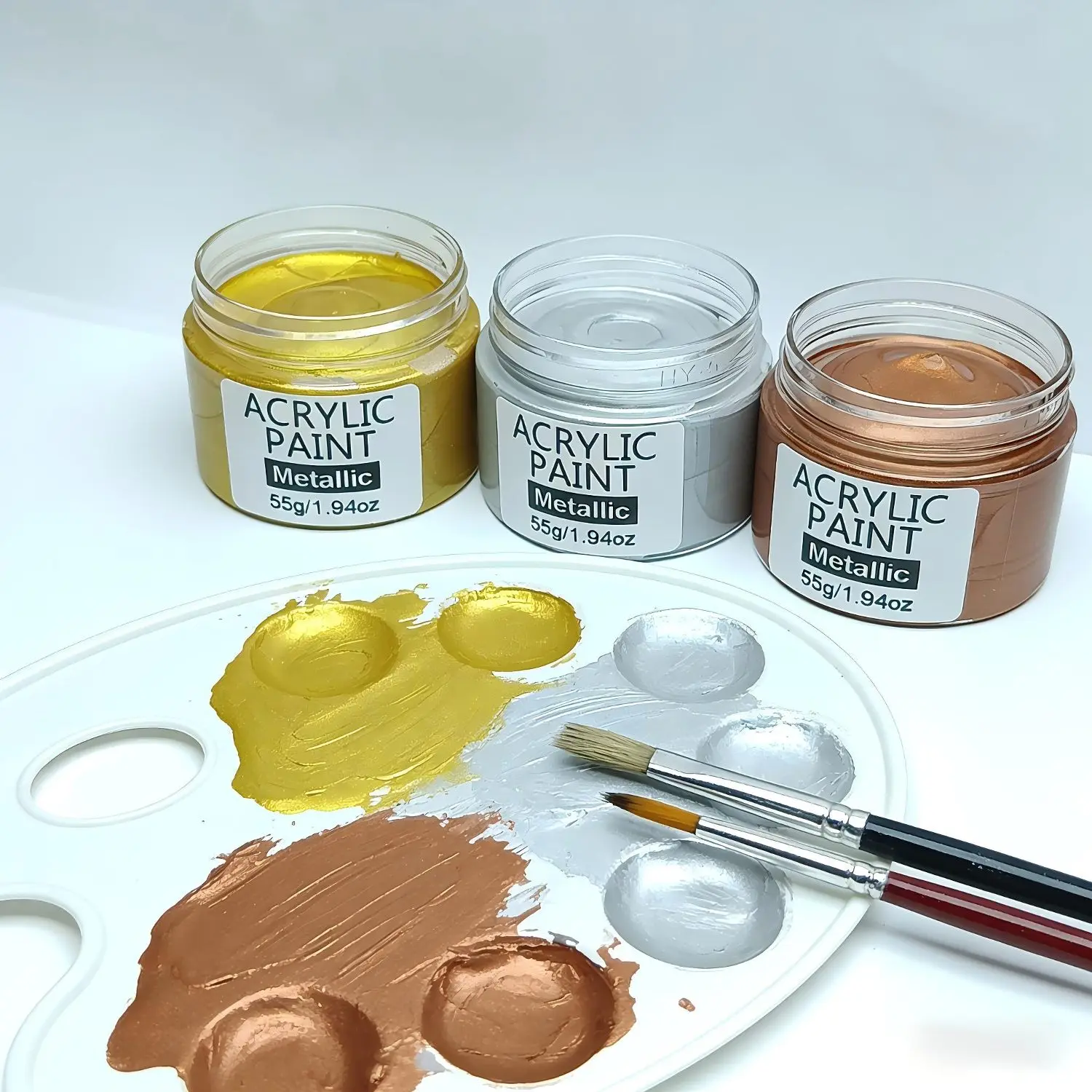 Acrylic Paint in Large Capacity 55G/1.94Oz, Featuring Pearlescent Metallic Color Series with Golden, Silvery, And Copper Options. It Offers Rich Pigmentation, Is Waterproof for Outdoor Use, Quick-Drying