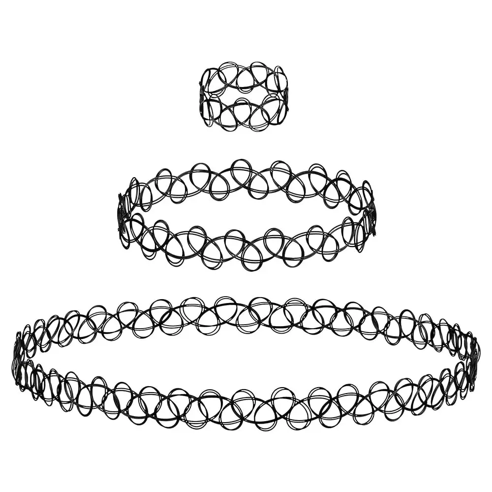BodyJ4You Vintage Tattoo Choker Necklace Set - 90s Y2K Fashion - Elastic Gothic Black & Rainbow