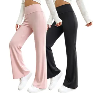 2-pack women’s spring/summer lightweight high-waisted casual pants with a slight flare; yoga athletic long pants with a fold at the waistband, suitable for sports and casual wear.