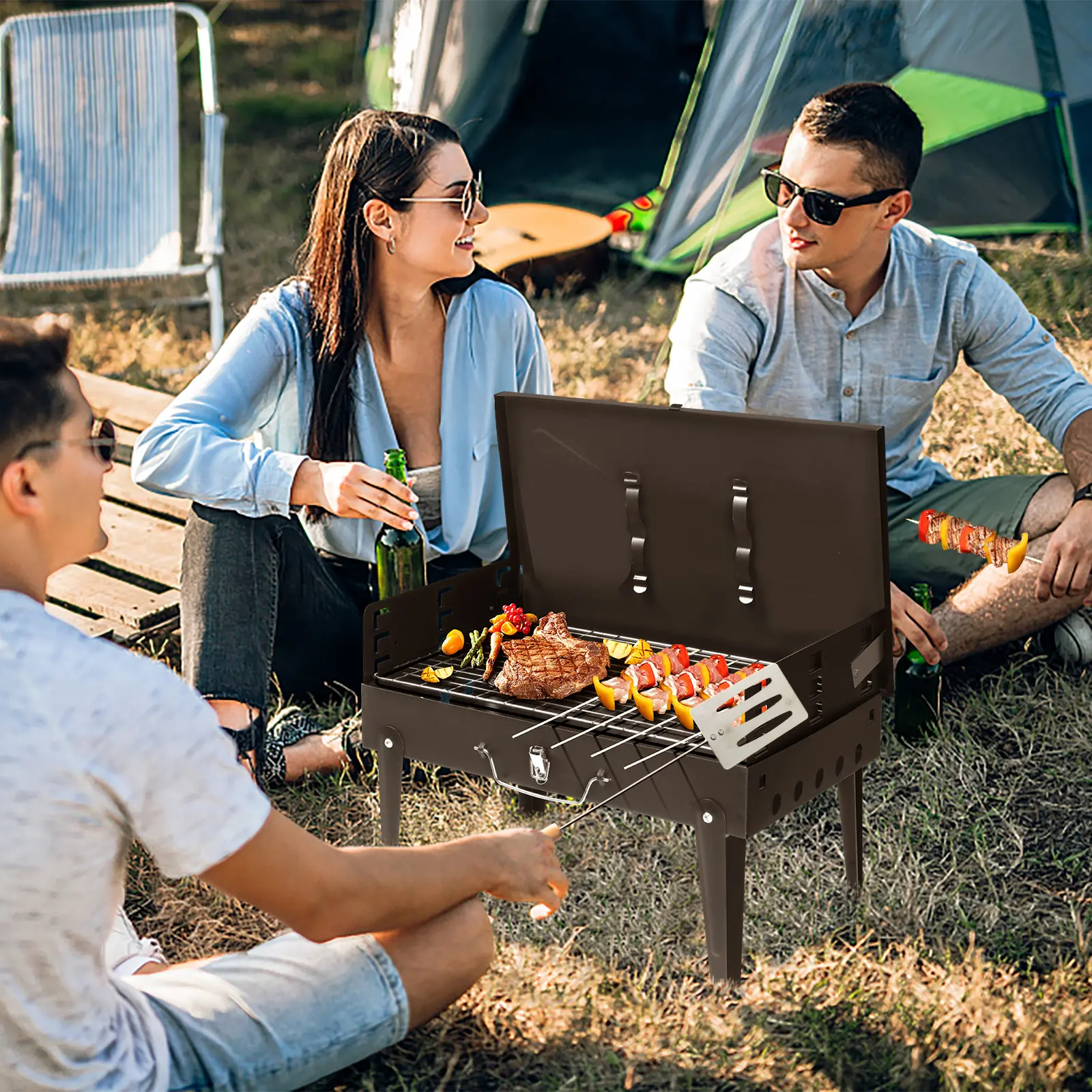 Square Foldable Metal Dual-Sided Carbon Open Flame Grill - Compact Flat Design Portable Charcoal Smoker with Integrated Heavy-Duty Lid, Tabletop Outdoor Cooker for Backyard, Camping