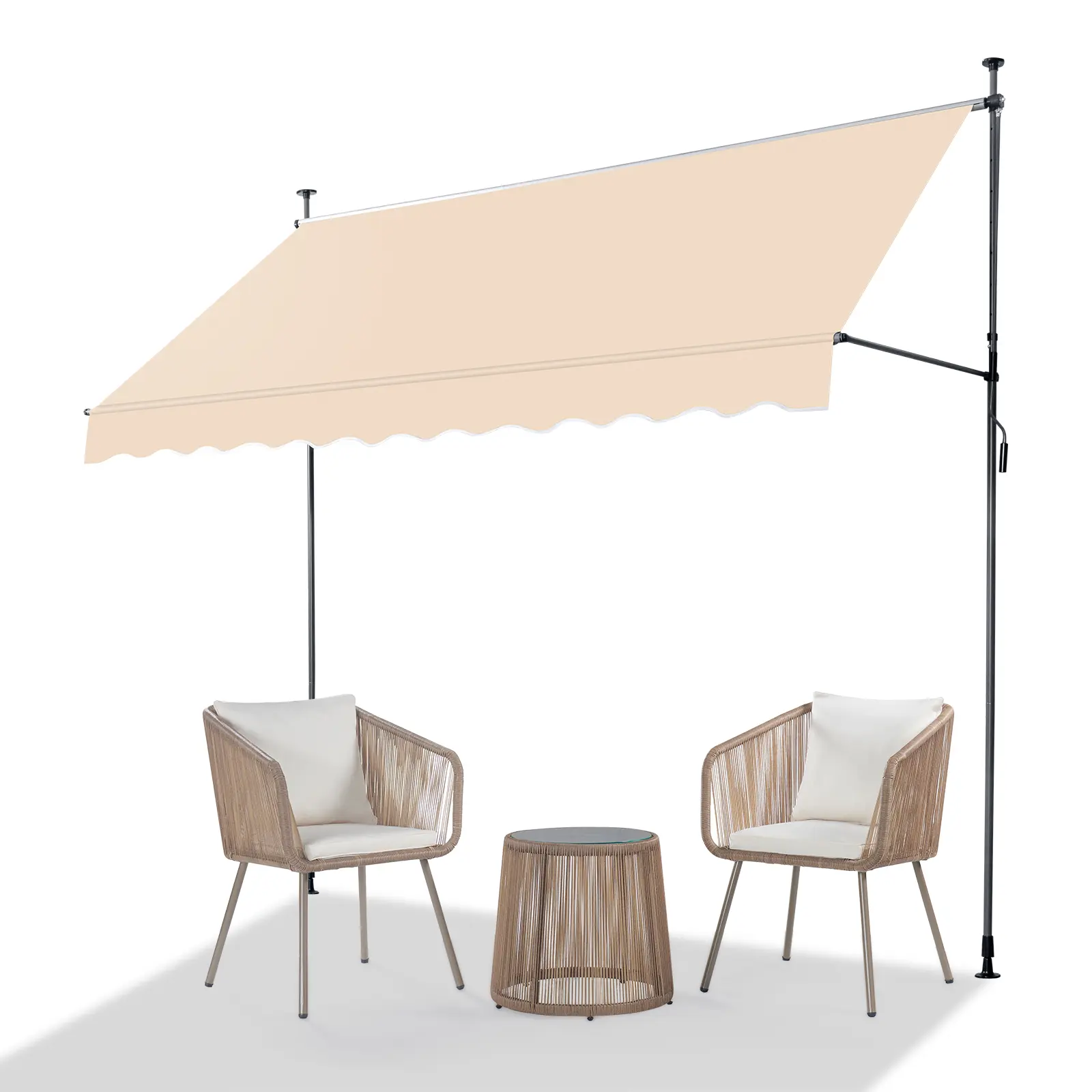 No-Drill Retractable Awning, 9.8' x 3.9' Waterproof Polyester Sun Shelter, Adjustable Outdoor Shade for Patios, Doors & Windows, UV50+, Khaki, Door/Window, Valanced
