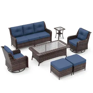 【Mother's Day Gift】Kullavik Rattan Patio Furniture Set, All-Weather Wicker Outdoor Sofa Set with High Back, Coffee Table & Thick Cushions for Porch, Deck & Backyard