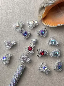 10-Random Color Alloy Heart Shaped Beads, with Bling Rhinestone Decor Beads, Fashionable Beads for DIY Bracelet & Necklace & Earrings, Jewelry Making Accessories, Decoration Items