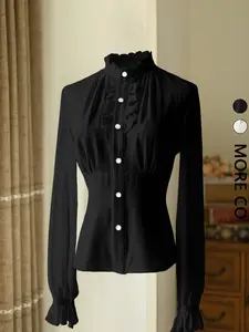 Women's Office Shirt, Fashionable Chic Elegant Fitted Long Sleeve Pleated Collar Solid Color Blouse, Stylish Ladies' Workwear, Casual and Professional Look, Casual Elegance Style, Tops, Womenswear