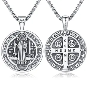 DRINSPER S925 Medalla de San Benito, 925 Sterling Silver St. Benedict of Nursia Vintage Medal Necklace, Protection Cross Sacramental Christian Belief Amulet Exorcism Religious Jewelry Gift for Men Women