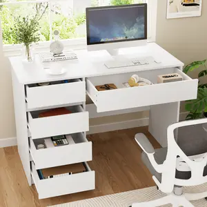 VOWNER 43 Inch Computer Desk with 5 File Drawers Cabinet  Home Office Desk with Storage Shelves Work from Home Modern Work Writing Study Table for Bedroom White Black