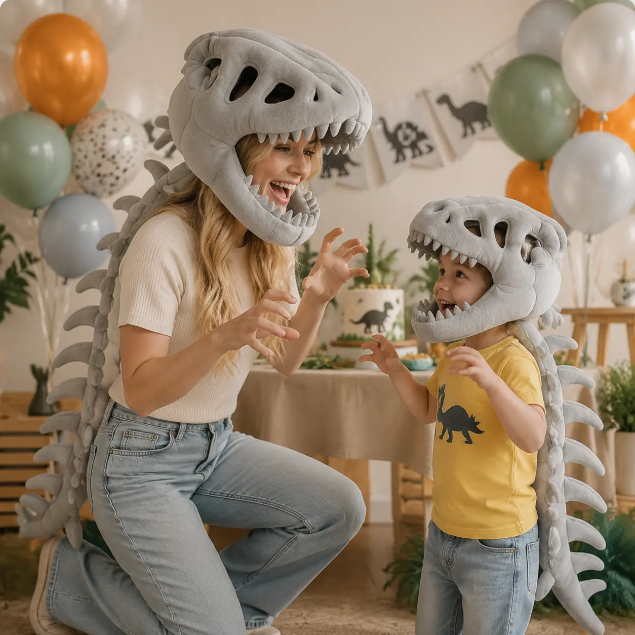Dinosaur Skeleton Costume Hat, 3D Dinosaur Headwear with Plush Spine Tail for Halloween Party, Trick or Treat and Dress Up