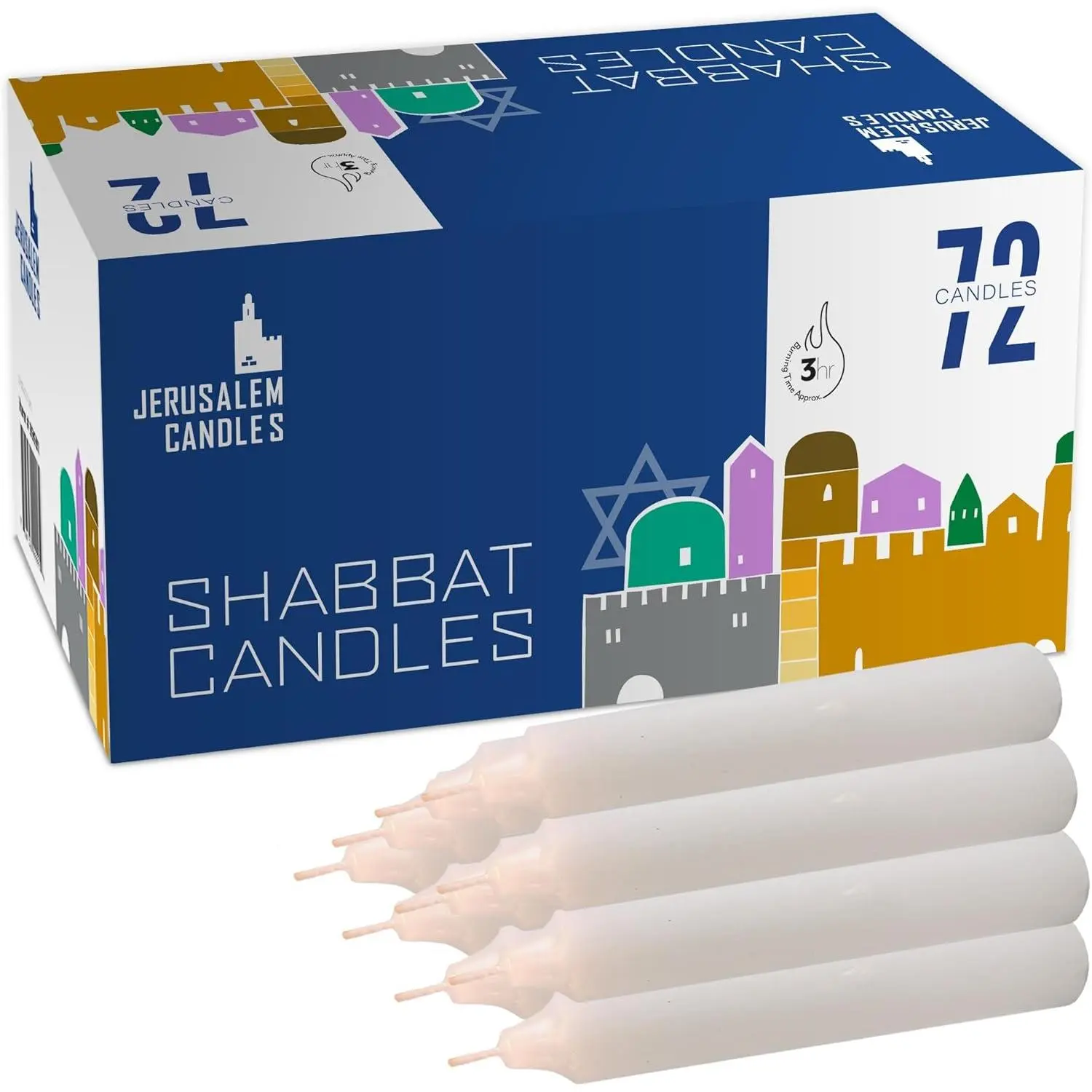 Jerusalem Candles Shabbat Candles - Traditional Shabbos Candles - 3 Hour - 1-Pack x 72 Count