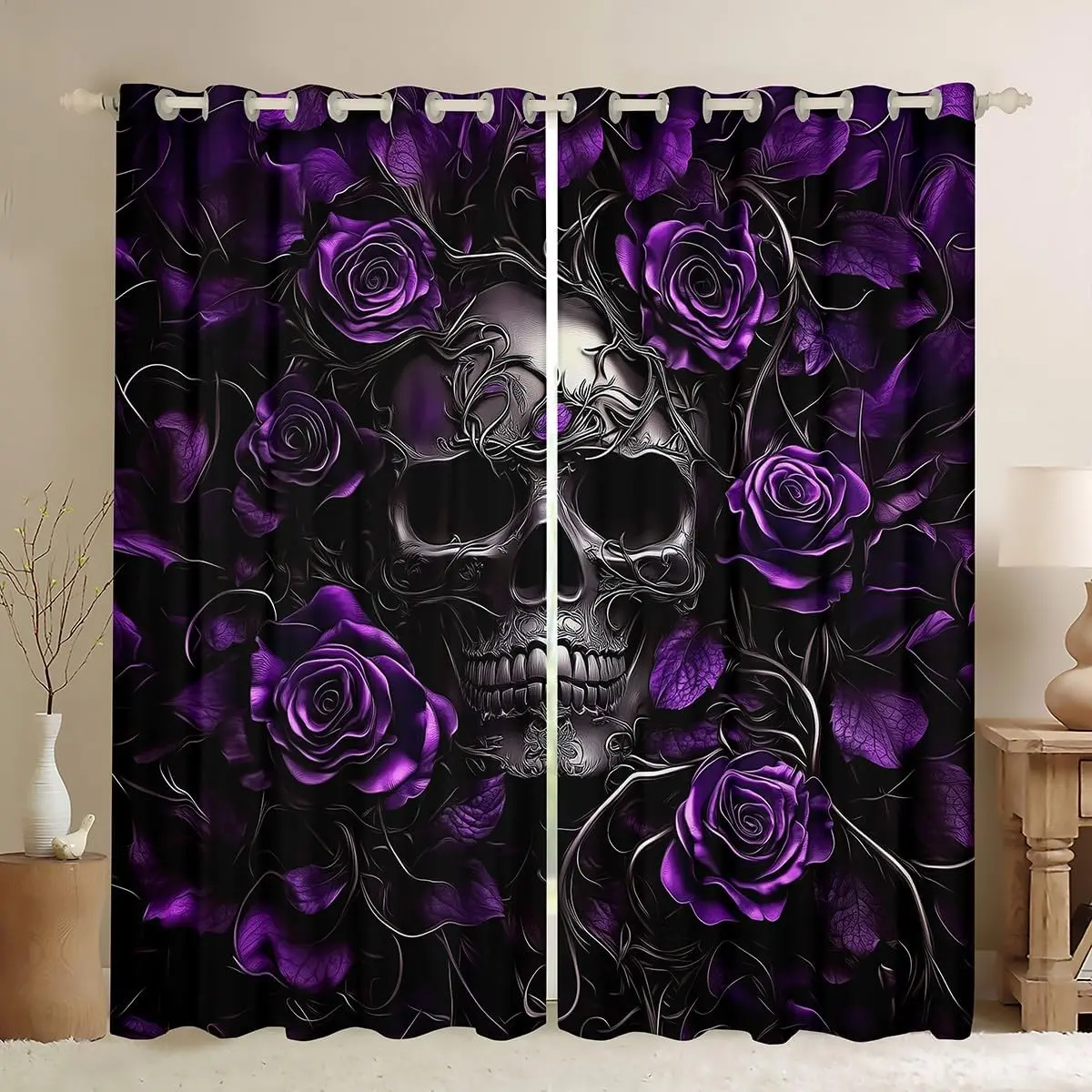 Feelyou Velvet Privacy Grommet Blackout Curtains - Dark Goth Floral Skull Home Textile Drapes, Multi-Size Purple Rose Exotic Hippie Window Curtains for Adults, Privacy Grommet Curtains