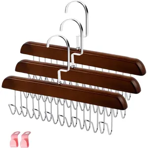 Belt Hanger 3 Pack with 24 Hooks, Sturdy Wooden Non-Slip Belt Holder, Space Saving Closet Organizer, Rotating Display Rack for Bra, Hat, Tank Tops