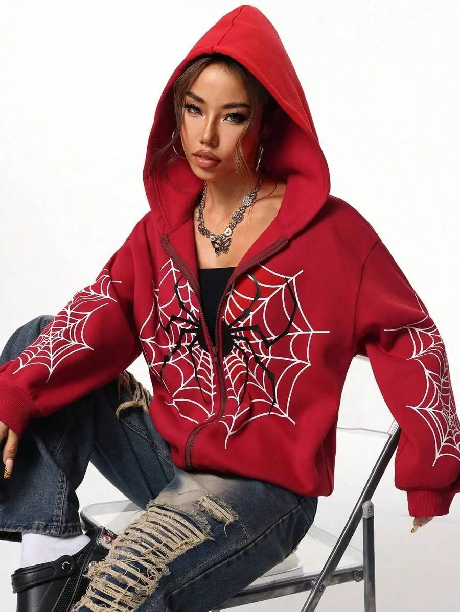 2026 Y2K Spider Web Print Unisex Zip Up Hoodie | Oversized Loose Fit For Men & Women, All Seasons