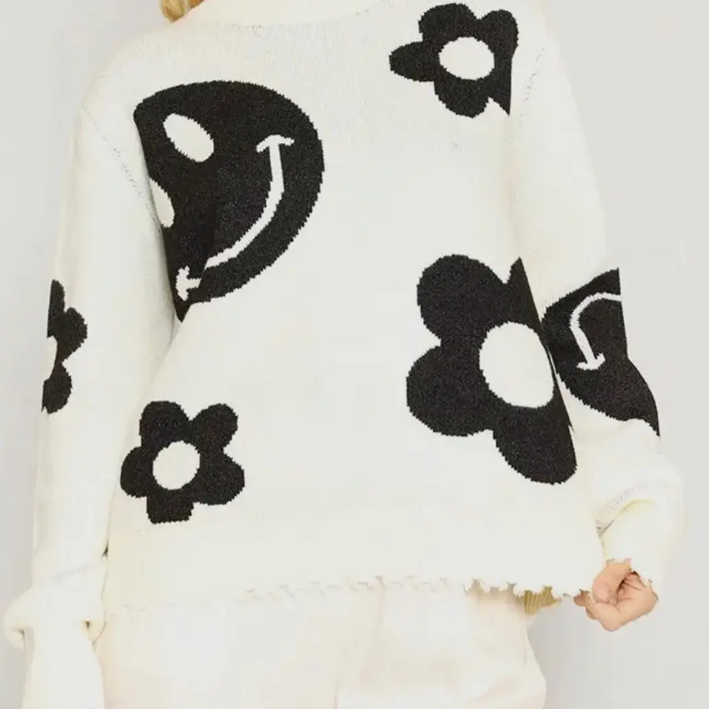 Smiley and Flower Knit Sweater Cream