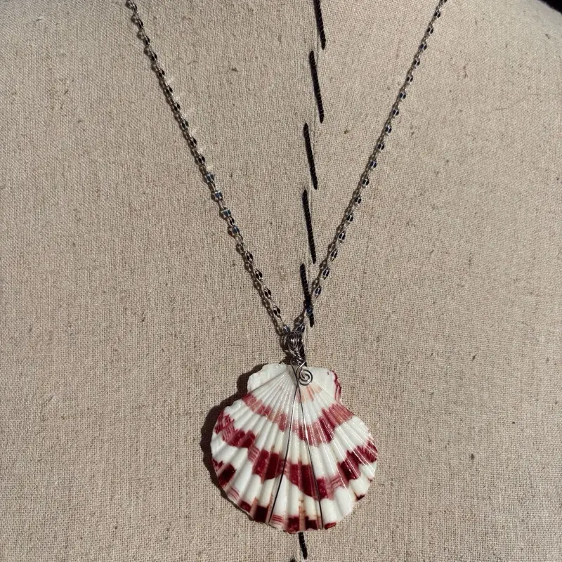 Handmade Shell Necklace - Red and White Seashell Pendant on Chain - Shell Jewelry for Unique Fashion Accessories