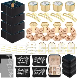 49 count Bridesmaid Gifts Set of 4 Black,Maid of  Proposal  Boxes Set, Bag Scented Candle  Box Metal Hair Clip Knot Bracelet Bachelorette Party Bridal Shower
