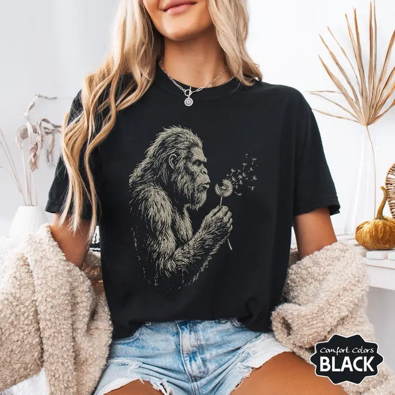 Comfort Colors Bigfoot Dandelion T-Shirt, Vintage Sasquatch Nature Tee, Woodland Cryptid Graphic T-Shirt, Outdoor Adventure Shirt, Bigfoot Lover Gift