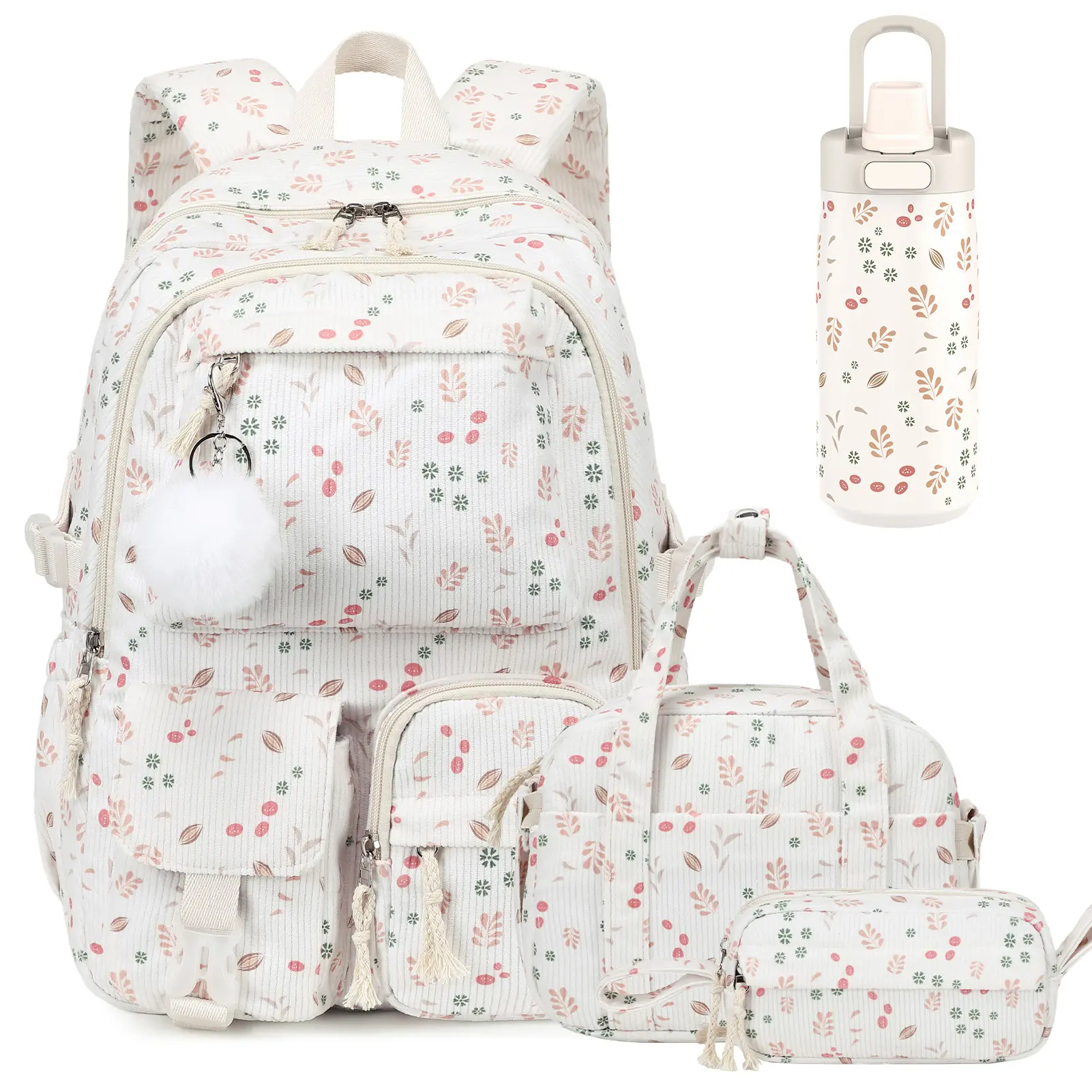 Similove Corduroy Floral Casual Printed Backpack Set - 3-Pocket Kawaii 3/4PCS Bundle with Lunch Bag, Pencil Case, Water Bottle, Lightweight School Supplies for Preschoolers, Daily Carry Book Bag