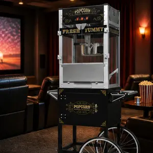 ARCH Commercial Popcorn Machine Cart with 20-Ounce Kettle, Vintage-Style Popper on Wheels, Stainless Steel & Tempered Glass, 1450W, Warming Deck, for Home Theater, Parties, Events, Black/Red/Stainless Steel Options, Stainless Steel Material