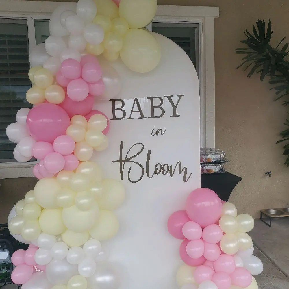 Organic Balloon Garland with Arch Backdrop and Vinyl Letters Baby in Bloom for Baby Shower Decorations Pink & Yellow Balloons