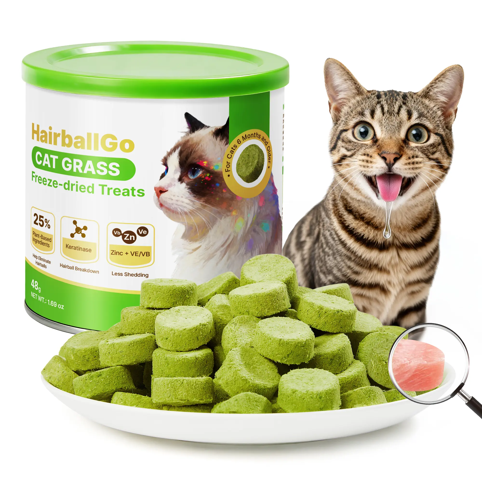 HairballGo Freeze-Dried Cat Grass Crunchy Bits for Hairball Control & Digestive Health - Chicken, Natural Barley Grass, Plant Fiber, Bamboo Cellulose - Grain-Free Kitty Treats with Hair Strengthening & Healthy Fur Support #backtoschool