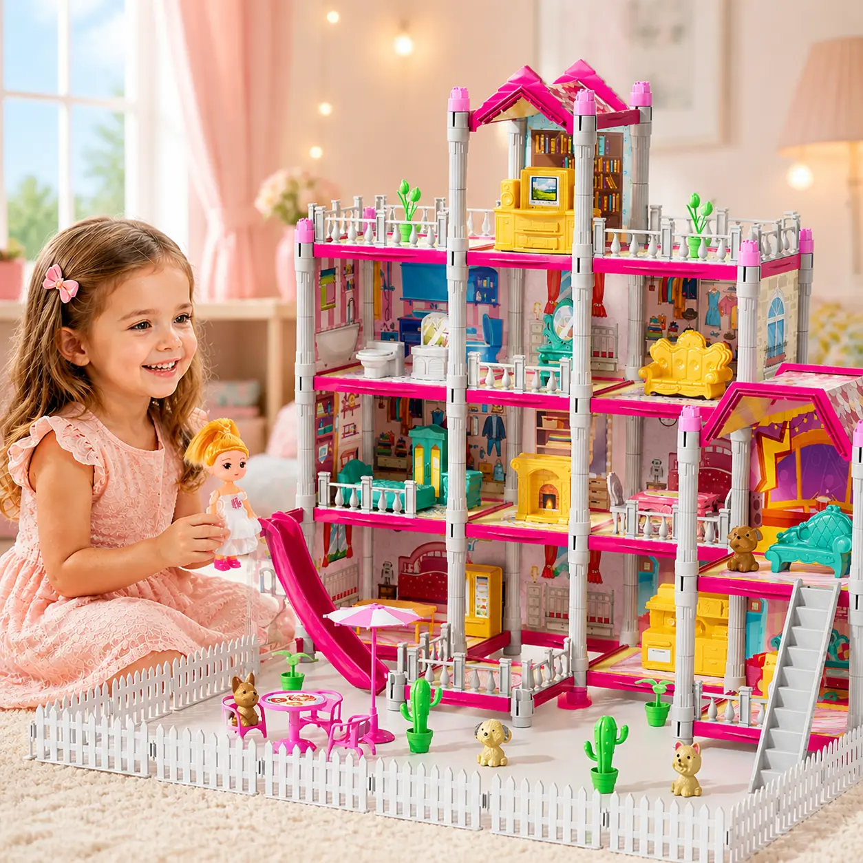 Pink Girl DIY Dollhouse Kit with 2 Doll Toy Figures - 4-Storey Fashion Villa Playhouse, 15-Room Pretend Building Set with Movable Dollhouse Miniatures, 24.8x20x23.6in Furniture, Dining Room & Food Toys, Non-Toxic Soft Colors, Kids' Learning & Party Gifts