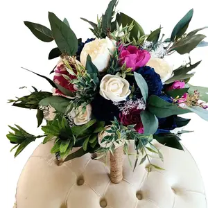 Navy Blue and Hot Pink Wood Wedding Flowers, Fuschia and Blue Bridal Party Flowers, Wood Flower Bouquet, Allergy free flowers for weddings