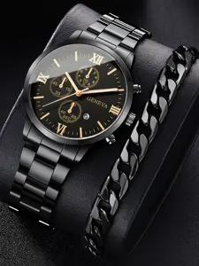 2-piece men's watch fashion calendar steel strap watch men's high-end glass quartz watch