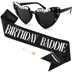 Birthday Baddie Sash and Sunglasses for Women, Black “BIRTHDAY BADDIE” Sash with Silver Foil for Girl, Happy Funny Birthday Decorations Baddie Accessories for Women Men Party Favors Supplies