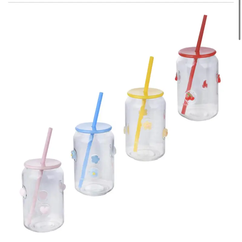5in Glass Tumblers with Straws - Cherry, Flower, Heart Designs - Perfect for Drinks & Beverages - Ideal for Parties & Events