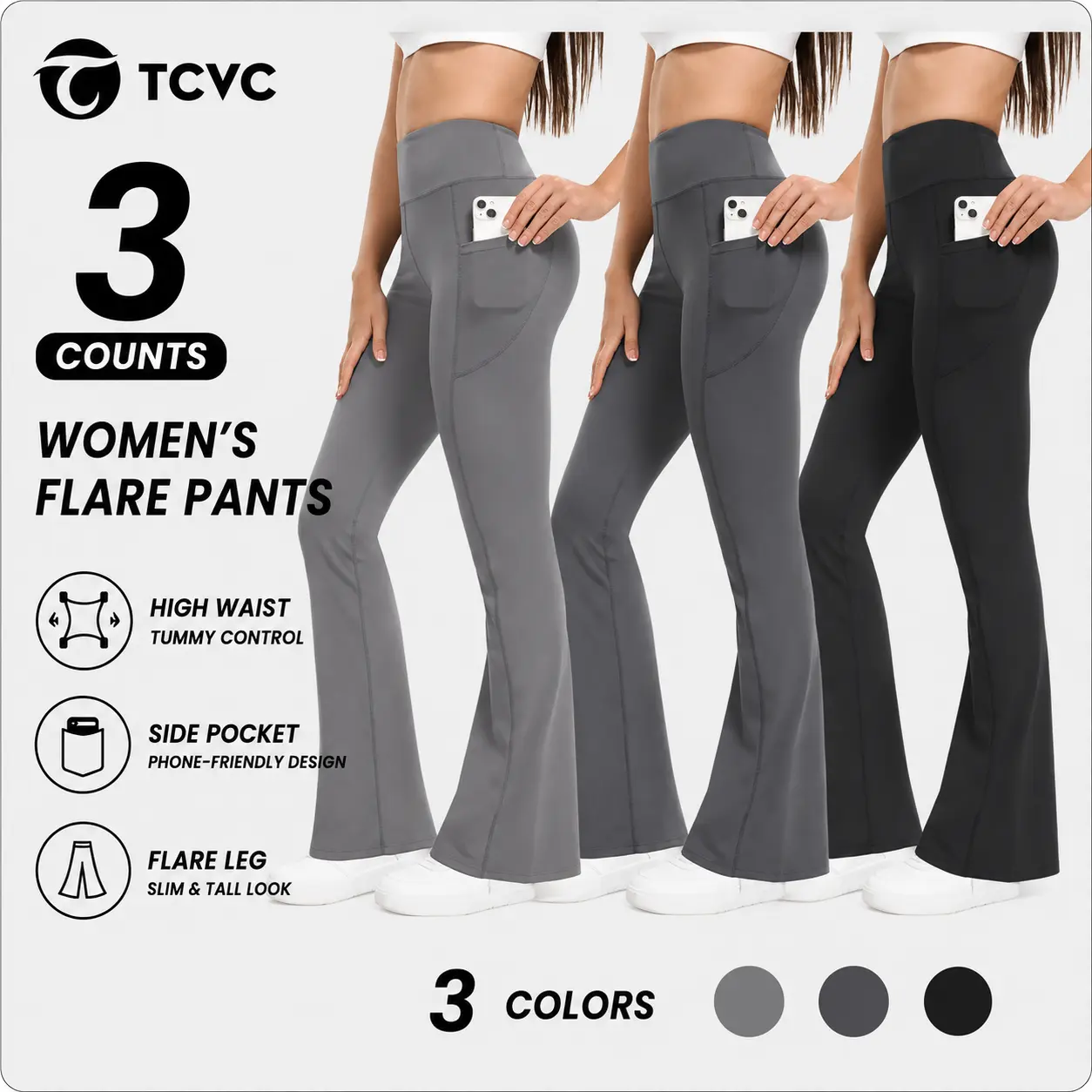 TCVC 3-Pack High Waist Flare Yoga Pants, Lightweight Thin Fabric for Spring Summer, Butt Lifting Flare Leggings with Pockets for Gym Running Casual Wear