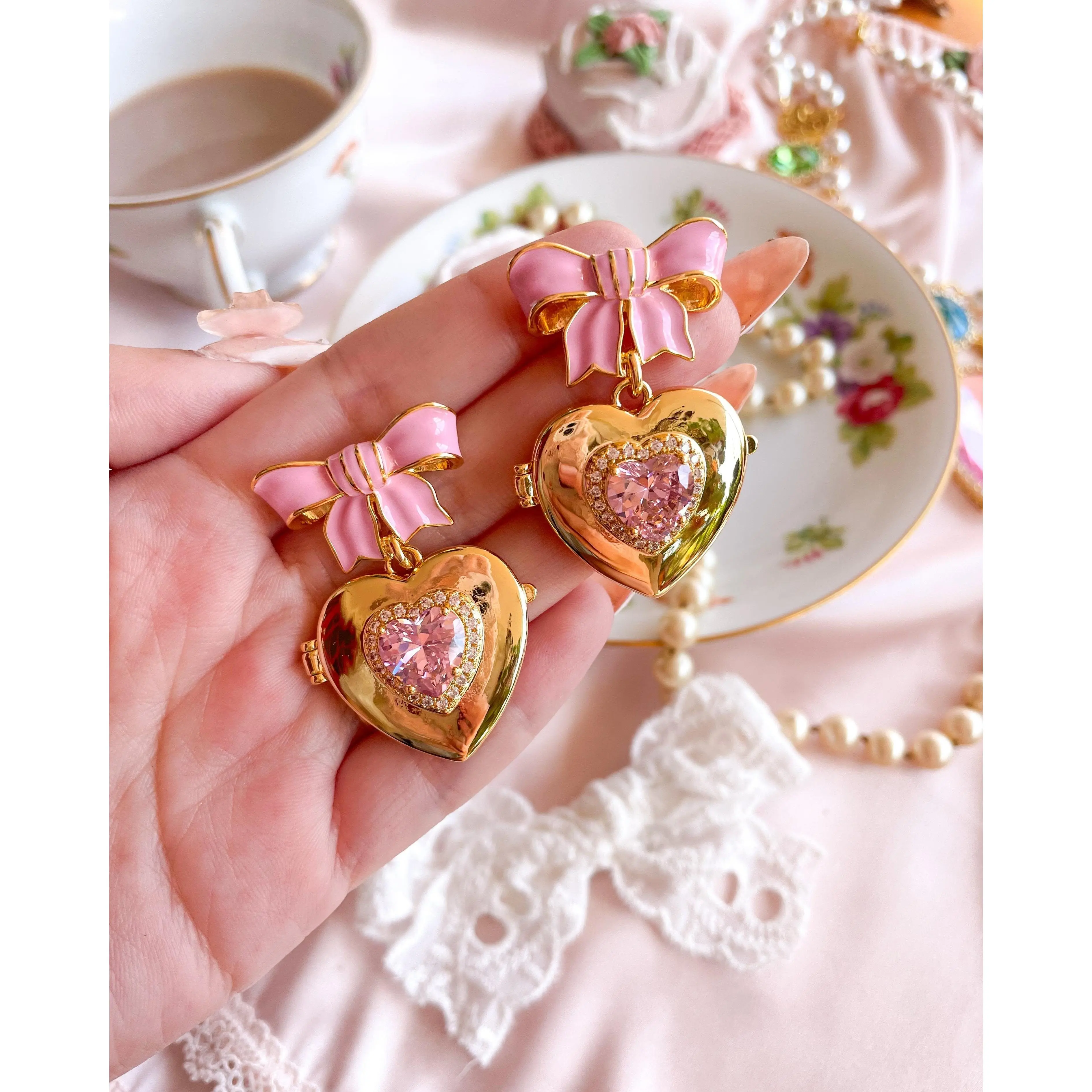 Women's Metal-Plated Gold Coquette Bow Locket Earrings - High Quality, Unique Design Jewelry Accessories for Adults
