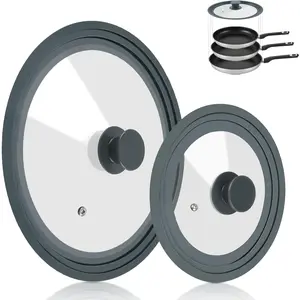 Universal Lid for Pots Pans and Skillets, 2 Pack Pan Cover fit 7", 8" 9" & 10", 11", 12" Diameter Cookware, Silicone Replacement Pan Lid Pot Lids for Frying Pans, Cast Iron,Tempered Glass Lid (Gray)