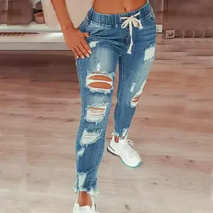 Women's trendy waist ripped elastic waist drawstring jeans riden jeans  jeans Pants