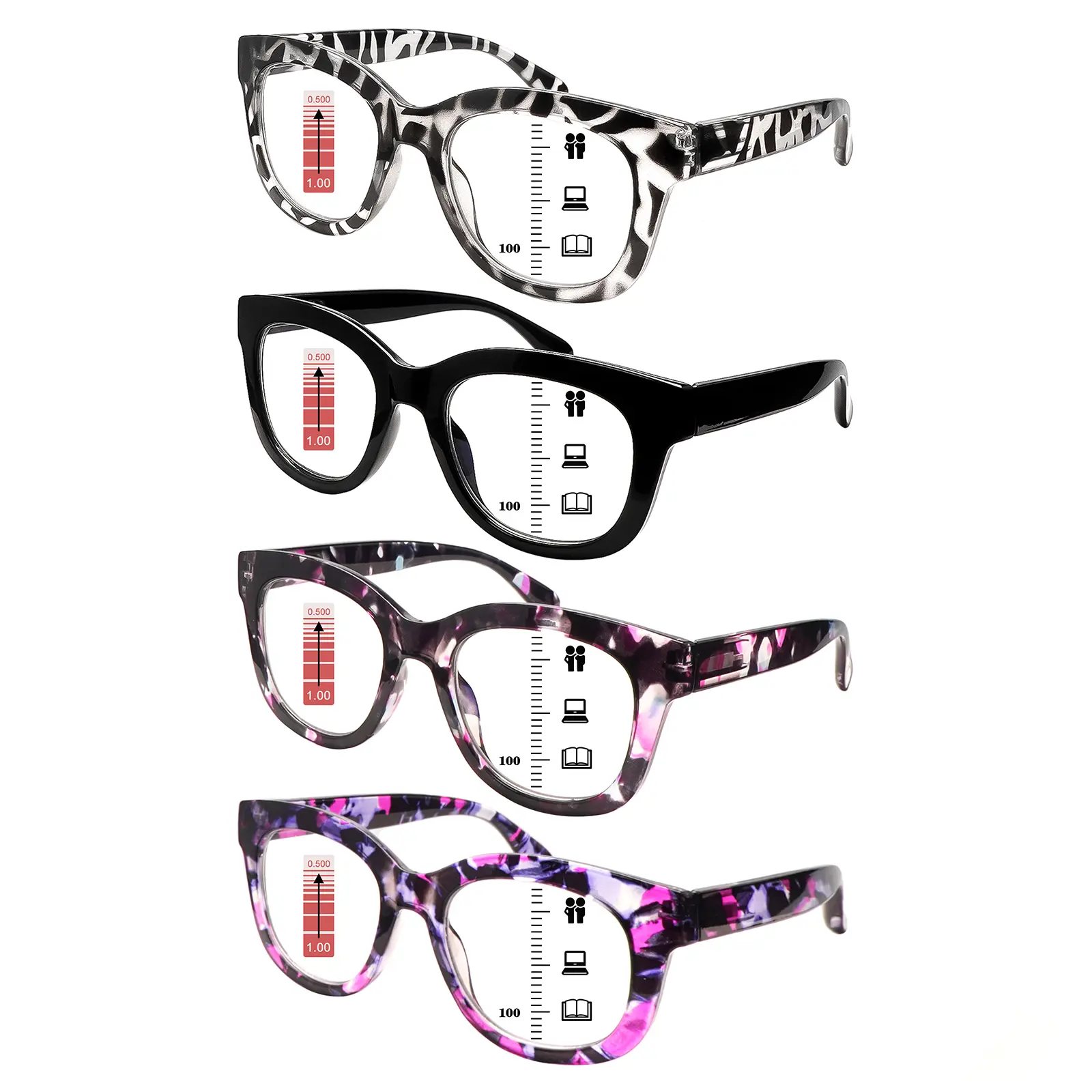 Women's 4-Pack Mix Color Progressive Multifocal Blue Light Blocking Reading Glasses, Stylish Printed Frames, Spring Hinges, 3 Adjustable Vision Settings, Ideal Holiday Gift