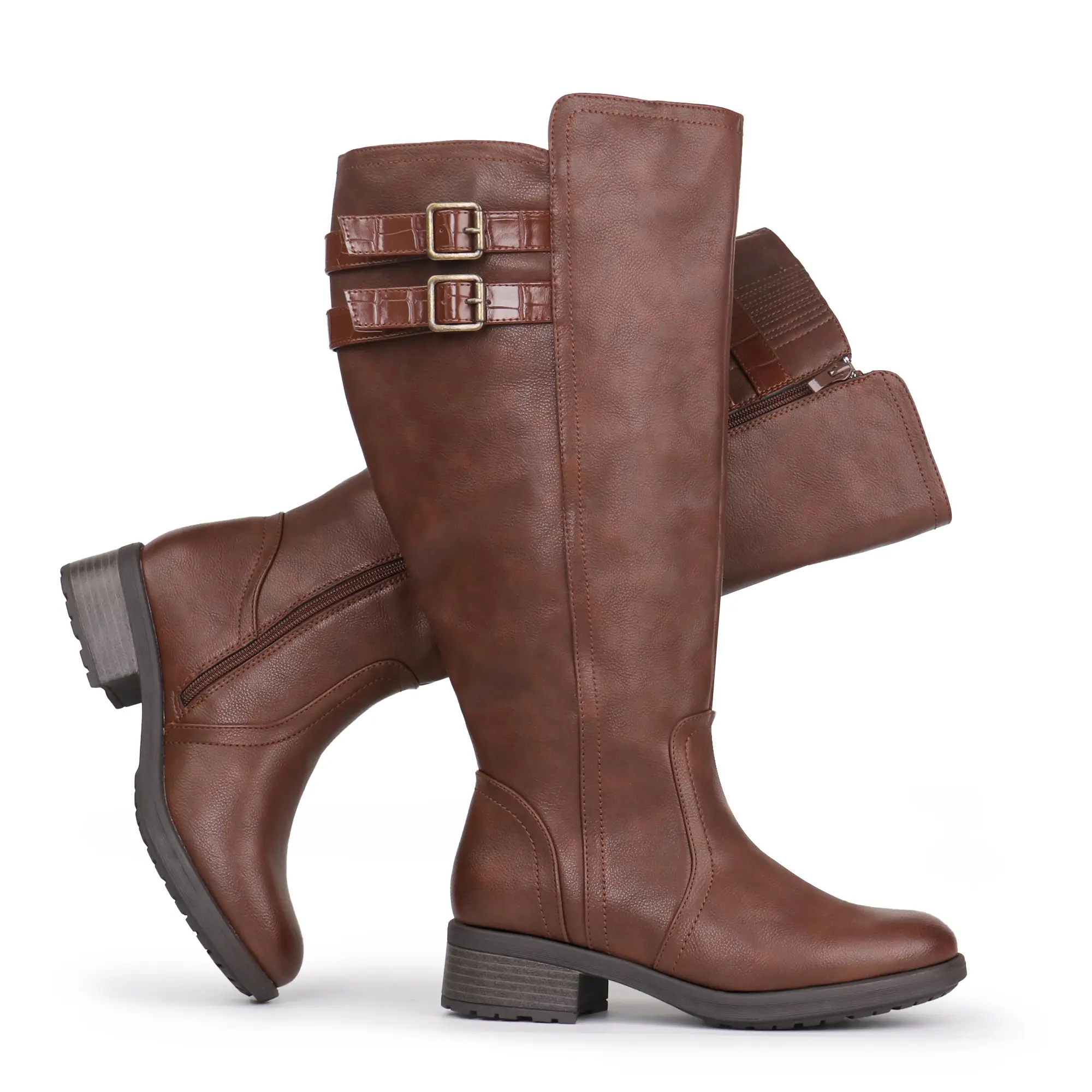 Women's Fashion Extra Wide Calf Knee High Boots - Block Heels, Hidden Stretch, Buckle Closure, Casual Shoe, Stylish Footwear,shoes for back to school,back to school shoes